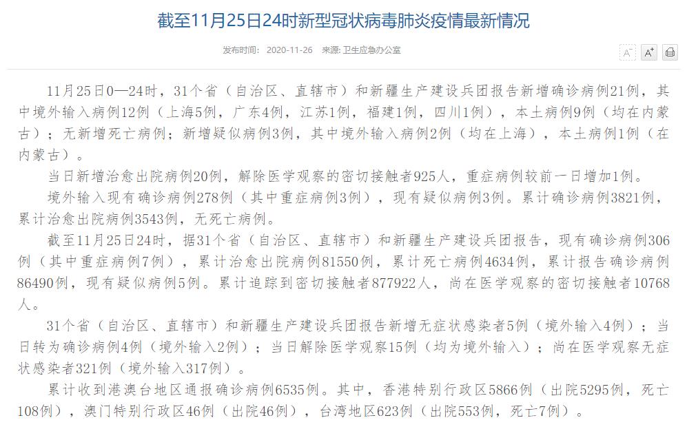 国家卫健委：11月25日新增确诊病例21例其中内蒙古本土病例9例
