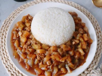 茄子肉丁盖浇饭的做法-家常味炒菜谱